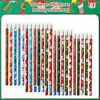 12/36pcs Christmas Pencils With Erasers, Assorted Designs Of Snowman, Santa Claus, Christmas Tree, Snowflake, Candy, Christmas Stationery Pencils For Office, School, Classroom
