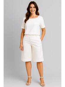 Elegant Women's Set With Blouse And Bermuda Shorts In Sensory Fabric - White - View 1