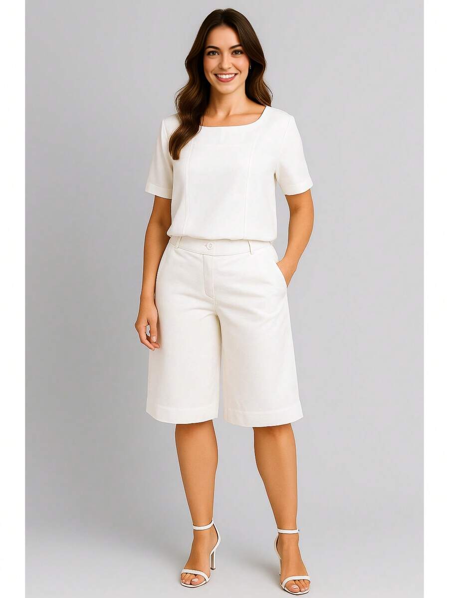 Elegant Women's Set With Blouse And Bermuda Shorts In Sensory Fabric - White - View 1
