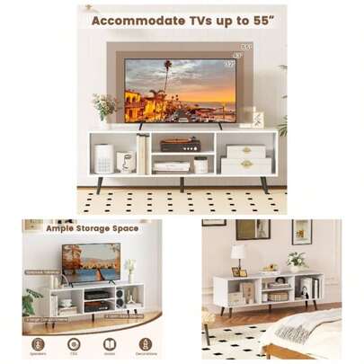 TV Stand Cabinet 55 Inch TVs, 120cm Wooden Media Entertainment Center With Open Storage Shelves, 5 Metal TV Unit Console Table Living Room Bedroom Rus