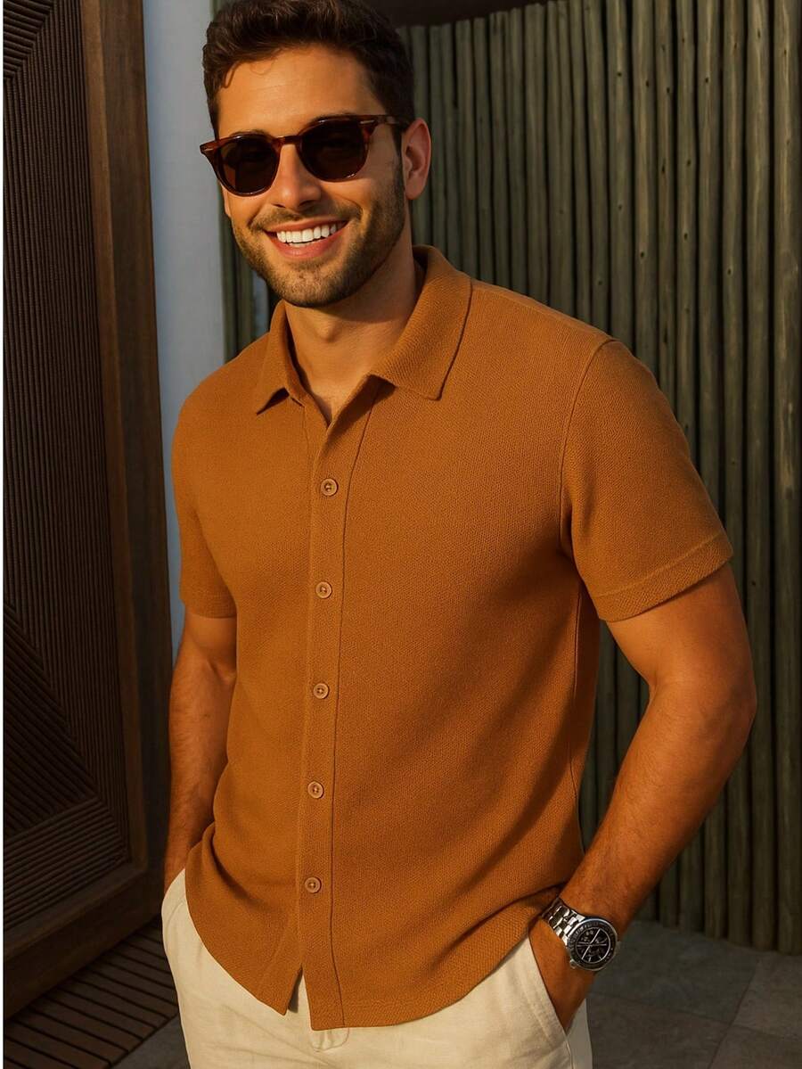 Men's Comfortable Knit Shirt Lightweight Shirt For Summer - Camel - View 1