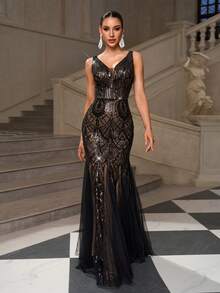 Elegantes Damen Abendkleid mit schwarzem V-Ausschnitt, Pailletten, Kontrastmesh und luxuriöser Verzierung im Meerjungfrauenstil, geeignet für formelle Abendessen, Partys, Hochzeiten, Geburtstagsfotoshootings, Dates