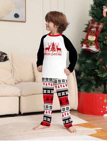 2pcs/Set Young Boys New Christmas Element Pajamas, Black & White Raglan Sleeve Reindeer & Christmas Tree Print Long Sleeve Top And Jacquard Long Pants, Round Neck Children Homewear Set