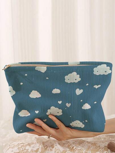 Plants Pattern Corduroy Makeup Bag, Lightweight Zipper Cosmetic Storage Bag Sweet Style Versatile Toiletries Organizer, Gift For Girls Women Friends Back To School ,School Supplies,Shop Back To School