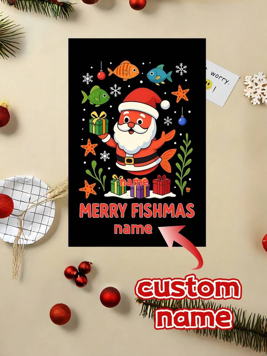 2/4pcs Personalized Joyful Fish Christmas Greeting Cards - Add Your Name, Holiday Aquarium Scene, Goldfish And Snowflakes, Perfect Gift For Fish Lovers And Family Greetings, Suitable For Christmas, New Year, Winter Birthday And More - Multicolor 2 - View 1