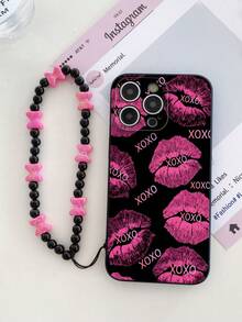 1 Ốp lưng điện thoại chống sốc toàn diện TPU màu đen in hình môi Y2K cá nhân hóa XOXO họa tiết Graffiti và 1 Vòng tay đính hạt trái tim màu hồng, Ốp lưng điện thoại toàn diện sáng tạo đa năng thời trang tương thích với iPhone, OPPO - Nhiều màu - Xem 1