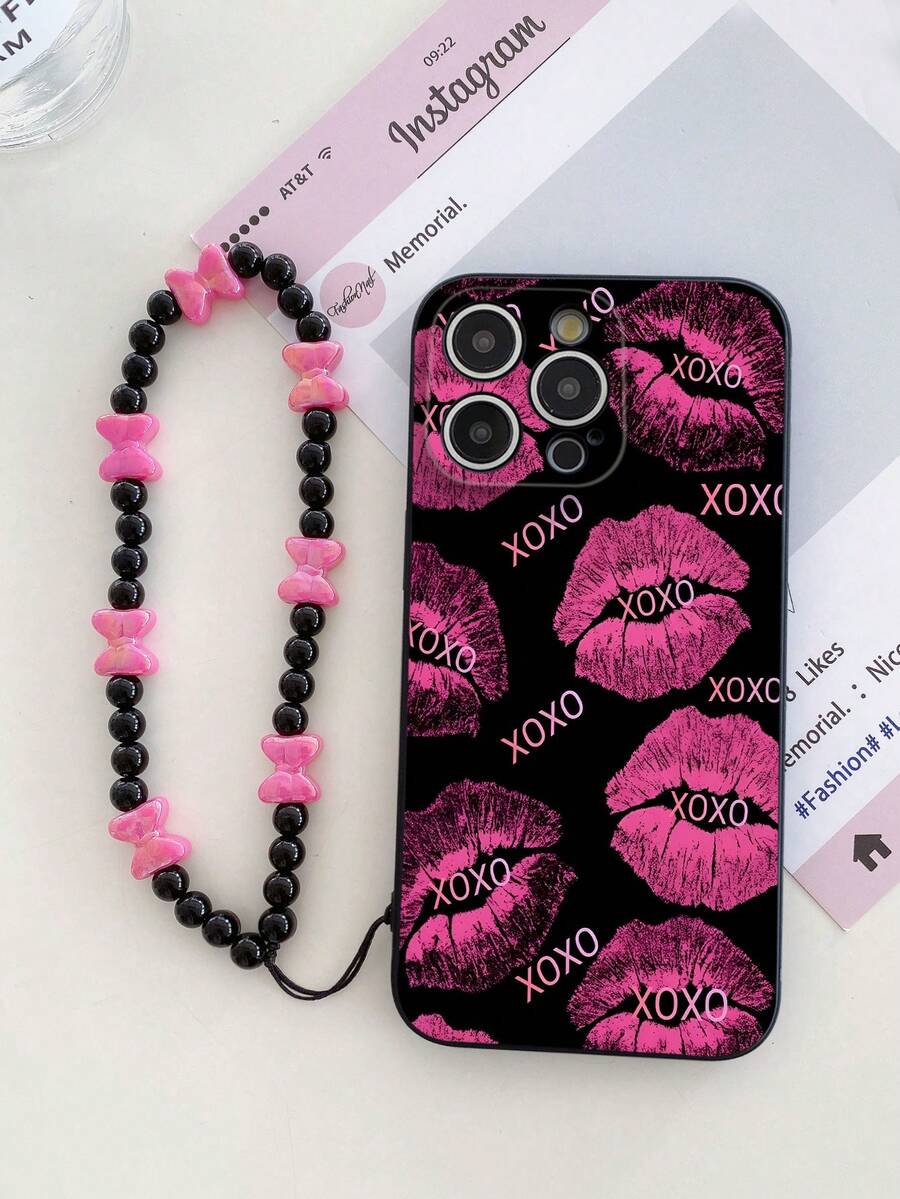 1 Ốp lưng điện thoại chống sốc toàn diện TPU màu đen in hình môi Y2K cá nhân hóa XOXO họa tiết Graffiti và 1 Vòng tay đính hạt trái tim màu hồng, Ốp lưng điện thoại toàn diện sáng tạo đa năng thời trang tương thích với iPhone, OPPO - Nhiều màu - Xem 1