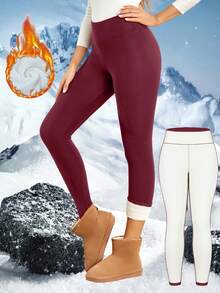 1件装奢华酒红色保暖高腰打底裤 – 柔软舒适，保暖时尚，纯色瑜伽及运动服，完美适合秋冬季节 - 酒紅色 - 查看 2