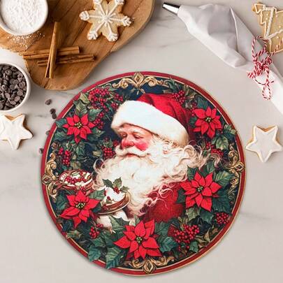 2/4 pezzi Tovagliette in poliestere natalizie, design vintage con motivo di Babbo Natale, rotonde - Tovagliette in poliestere per pranzo, cocktail, caffè/tè, adatte per nuova casa, regali, celebrazioni festive, decorazione cucina domestica