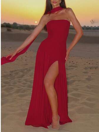 Rochie lungă roșie fără bretele pentru femei, elegantă, sexy, cu crăpături, de culoare solidă, sexy, pentru petrecere, vacanță, vacanță