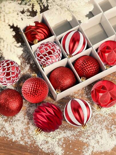 12个圣诞球装饰品，防碎塑料装饰圣诞树装饰品，各种圣诞球装饰品，适合婚礼、母亲节、派对装饰、情人节装饰，适合女性的礼物（红色）。
