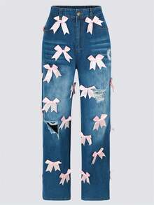 Chicsale Women's Straight Leg Jeans With Bow Detail & Ripped Holes Non-Stretch Denim Pants, Soft Comfortable Relaxed Fit For Casual Daily Wear - Rửa trung bình - Xem 7
