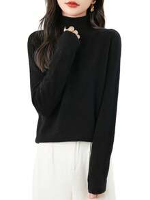 Women's 100% Merino Wool Sweater Autumn Winter Long Sleeve Women's Turtleneck Sweater Warm Soft Knitted Pullover Top - Black - View 5