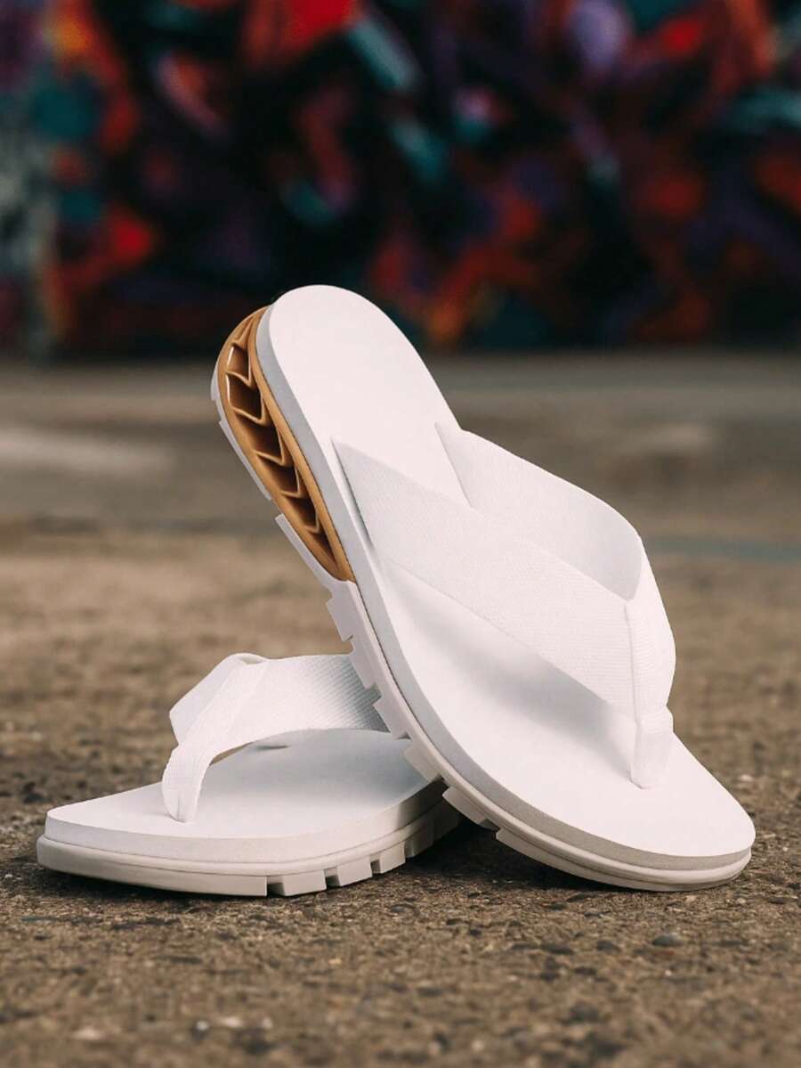 Men's Street Flip Flops, Soft Insole, Durable Sole, Urban Colors, Sizes 37 To 44, Comfortable - Blanco + Oro - Ver 1