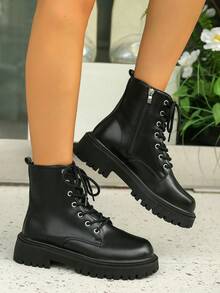 新款女士踝靴，时尚百搭休闲平底鞋 - 黑色 - 查看 1