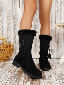 Botas de media pantorrilla con forro térmico para mujer, tallas 35-42, unicolor, parte superior de tela con ribete de piel, negro, suela gruesa y cálida, adecuadas para oficina, exterior, invierno, pantuflas de interior cálidas - Botas negras de media pantorrilla - Ver 8
