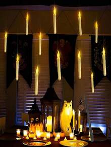 12pcs Floating Candles, Remote Control LED Flameless Cone Floating Electronic Candle Lights With 1pc Magic Wand, 12pcs Round Hooks And 30M Fishing Line, Battery Powered Hanging Window Candles Flickering, For Home Decor, Wall Decor, Kitchen Decor