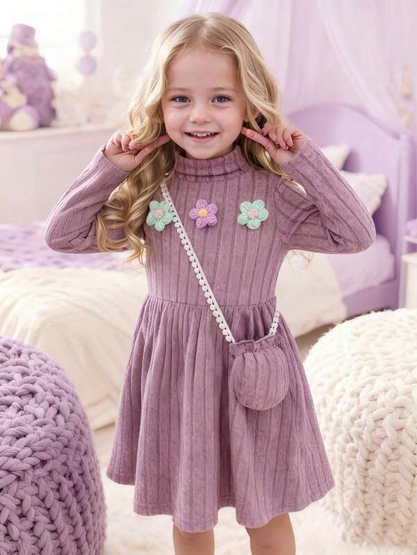Girls' High Neck Long Sleeve Dress, Textured Soft Fabric, Casual Style Daily Dress, Suitable For 4-7 Years Old, Autumn/Winter