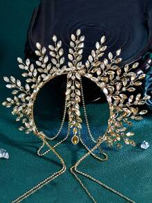 1pc Luxurious Bridal Crown Headband With Rhinestone Decor, Tassel Chain Hair Accessory For Women, Fashion Wedding Party Festival Costume - 紅色 - 查看 2