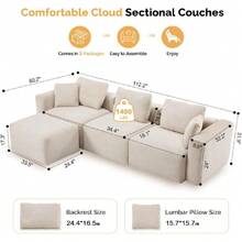 112.2" Convertible Corduroy Cloud Sectional Couches With Movable Ottoman, L-Shaped Boneless Sofa With Deep Seat & Chaise Lounge, 3 Seater Modular Sofa, No Assembly Required, Cream,23110030 - Vàng - Xem 2