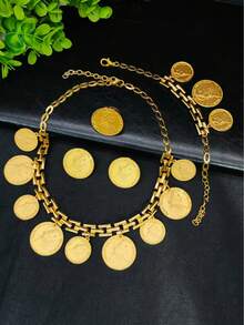 4pcs Fashion Gold-Plated Coin Head Necklace, Earrings, Bracelet, Ring Jewelry Set, Suitable For , African, Middle Eastern, Dubai Bride, Party, Wedding, Christmas, Valentine's Day, Mother's Day, Teacher's Day Gifts - Yellow Gold - View 2