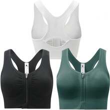 Zip Front Sports Bra For Women - Medium Support Racerback Workout Bra With Removable Pads & Double Hookshalloween - 灰色+紫色+白色+淺藍色 - 查看 9