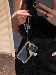 Luxury Rhinestone Edged Electroplated Button 3-In-1 Mirror Phone Case With Heart Shaped Bow Lanyard, Compatible With Iphone 17 Pro Max/16 Plus/XR - Silver - View 6