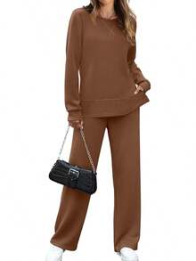 OFEEFAN Women's 2 Piece Lounge Set Travel Airport Outfits Side Slit Tracksuit Wide Leg Loungewear Baggy Comfy Sweatsuit S-3XL - màu nâu - Xem 1