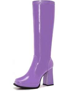 Wide Calf Plus Size Women's 70s Gogo Tall Knee High Square Toe Chunky Heel Retro Fashion Vintage Boots - 紫色專利 - 查看 12