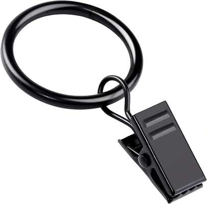 20 Pack Black Curtain Rings With Clips, Curtain Hooks Curtain Clips With Rings, Drapes Rings 1 Inch In Diameter, Fits Up To 5\/8" Curtain Rod