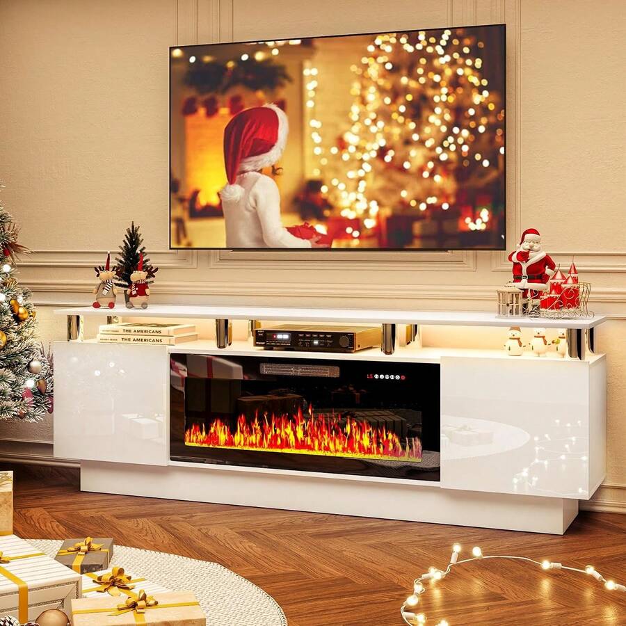 [2 Packages Shipping]70"Fireplace TV Stand With 36" Electric Fireplace,Stainless Steel Pipe,Modern 70 Inch 2 Tier TV Console Stand For TVs Up To 80", LED Light Entertainment Center With Storage Cabinets - 白色 - 查看 1