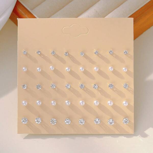 20 Pairs European & American Sparkling High-End Faux Diamond & Faux Pearl Mini Lightweight Luxury Stud Earrings Set