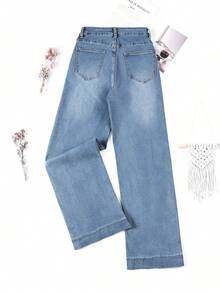 Vaqueros casuales de mezclilla de lavado claro con pierna ancha para mujer, largos, de tela muy elástica, estilo moderno - Azul - Ver 7