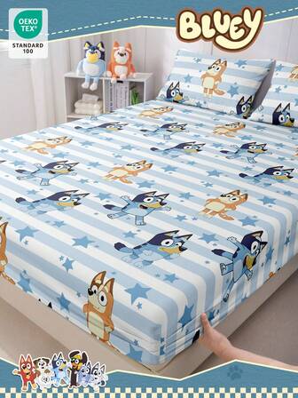  Bluey 1pc Cartoon Digital Print Fitted Sheet, Bluey Bedding, Mattress Protector, Breathable And Anti-Pilling Mattress Protector, Soft And Skin-Friendly, Cartoon Pattern Bed Cover, Fitted Sheet For Twin, Full, King, Queen Size, Available In Various Sizes (Pillow And Pillowcase Not Included), Machine Washable, Bed
