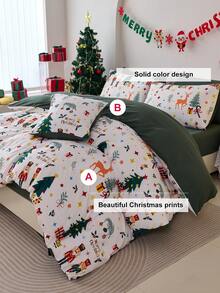 Juego de funda nórdica con estampado de árbol de Navidad y renos (1 funda nórdica + 1/2 funda de almohada, sin relleno), decoración navideña elegante, funda de cama esencial para dormitorio y residencia, certificado Oeko-Tex