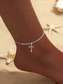 Double - Layer Fashionable Cross - Shaped Sparkling Anklet For Both Men And Women, With A Neutral Premium Cold Tone, Shiny And Versatile Foot Jewelry - 銀色 - 查看 5