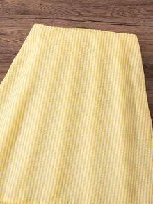 Left Mama 女童优雅甜美盖袖黄色格子上衣和裙子两件套，春秋