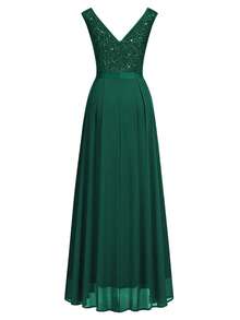 MIUSOL Elegant Dark Green V-Neck Sleeveless Sequin Insert Floral Lace Chiffon Maxi A-Line Dress, Pleated Flowy Formal Gown For Evening Party, Wedding Guest, Prom - 墨綠色 - 查看 8