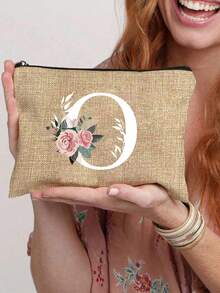 Mini Floral & Letter Print Linen Tote Bag, Women's Fashion Shopping Bag/Handbag/Grocery Bag, Teacher's Portable Tote Bag, Ideal Shopping Tote/Lunch Bag - Khaki - View 44