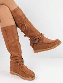 Western Style Casual Boots With Stitching And Adjustable Buckle - Camel - View 3