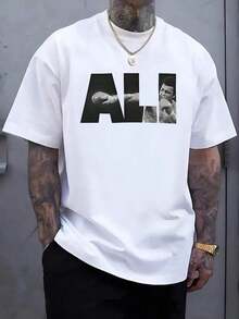 Boxing Champion Ali, Poster Pattern Printed Short Sleeved Round Neck T-Shirt, Soft And Comfortable 100% Pure Cotton Top, Casual, Loose, Fitness, Fashionable Men's T-Shirt - trắng - Xem 6