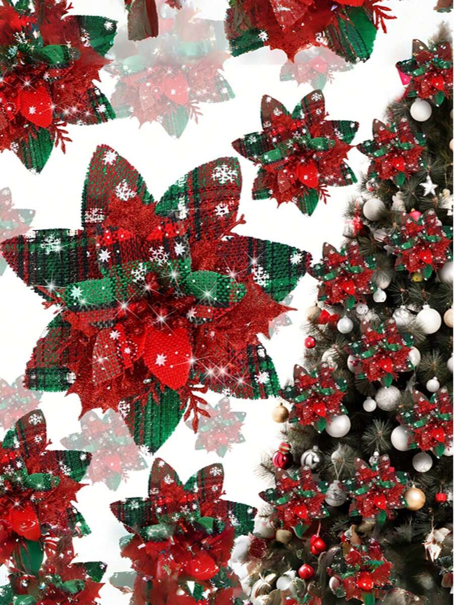 12/24 Pcs Christmas Glitter Red And Green Decorative Ornaments - Red And Green Artificial Flowers, Sparkling Festive Christmas Tree Decorations, Weddings, Home Decorations, Christmas Party Decorations, Wedding Decorations, Holiday Flower Decorations, Holiday Crafts, Wedding Planners, Perfect For Christmas