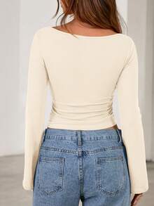 Fall New Arrival Women's Long-Sleeve Top Crop-Top Style Casual Outerwear Boat Neck With Bell Sleeves Ribbed Pleated Design Millennial-Inspired Fashion - Màu be - Xem 2