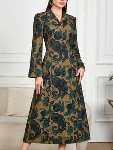 Elegant Paisley Print Long Arabian Dress For Women, Featuring Collar, Long Regular Sleeves, And Mock Buttons, Perfect For Fall Spring - Green - View 4