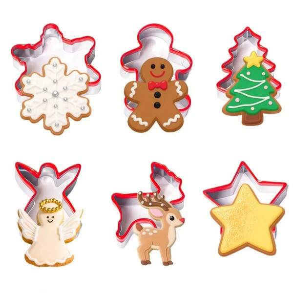6pcs Christmas Cookie Cutters - Gingerbread Man, Angel, Snowflake, Christmas Tree, Reindeer, Christmas Star - Stainless Steel Cookie Cutter Set With Protective Soft Silicone Edges, For Baking