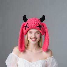1 Pc Cute Handmade Cow Horn Rabbit Ear Headpiece Warm Autumn And Winter Knitted Hat - 白色 - 查看 2