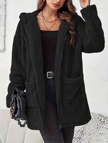 Plus Size Women Casual Solid Color Hooded Long Sleeve Zipper Pocket Design Fluffy Jacket, Fashionable & Elegant For Daily Commute And Street Style, Suitable For Autumn And Winter