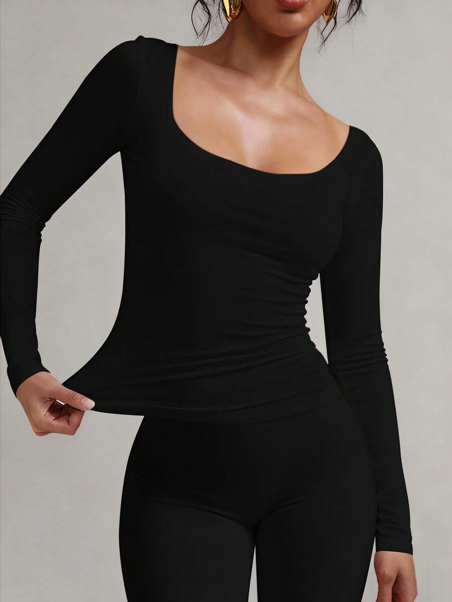 XLLAIS 纯色长袖休闲上衣，春季V领女式T恤，秋冬服装，情人节黑色 - 黑色 - 查看 1
