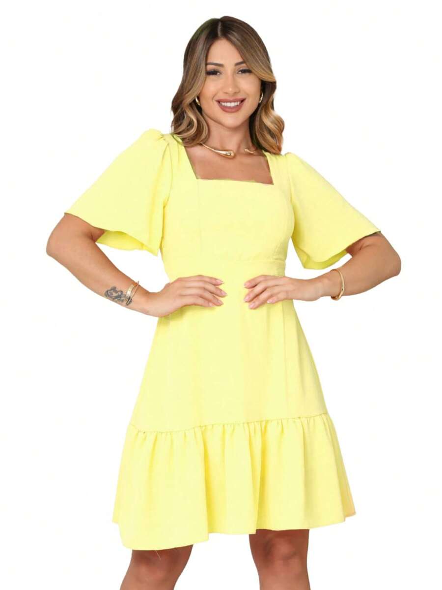 Short Dune Dress Simple Ruffle Fabric Summer - Yellow - View 1