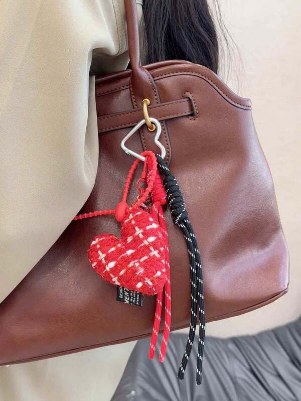 HXXOOS One Y2K Tweed Heart Bag Charm & Keychain, With Heart Carabiner + Braided Tassel Cords; Versatile For Tote/Shoulder/Hobo/Backpack, Quick-Clip Detachable; Perfect For Commute, School, Travel; Gift For Girls/Ladies/Students/Couples; Also For Car Decor. Retro Red